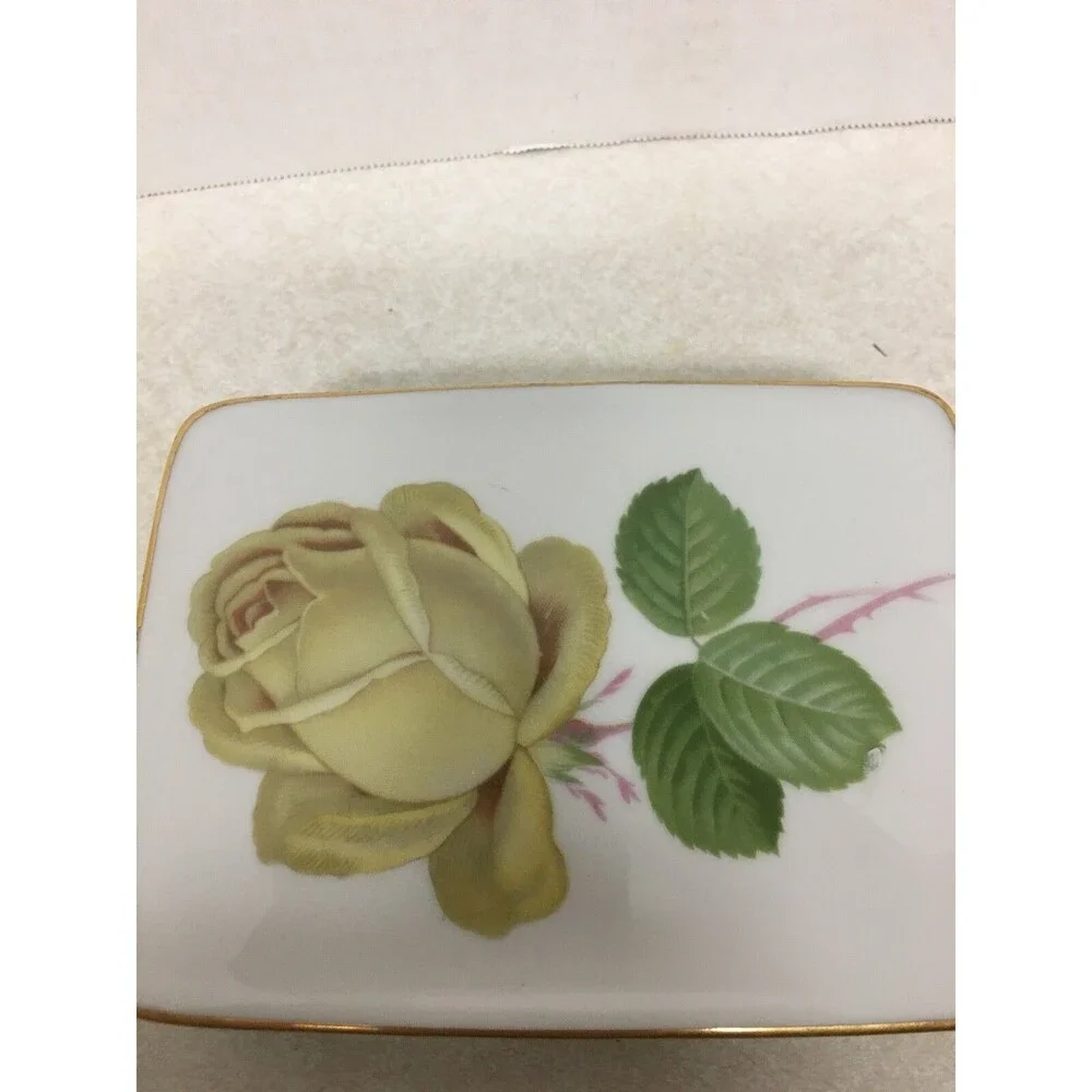 Vintage Thomas Ivory Porcelain Trinket Box Yellow Rose Germany